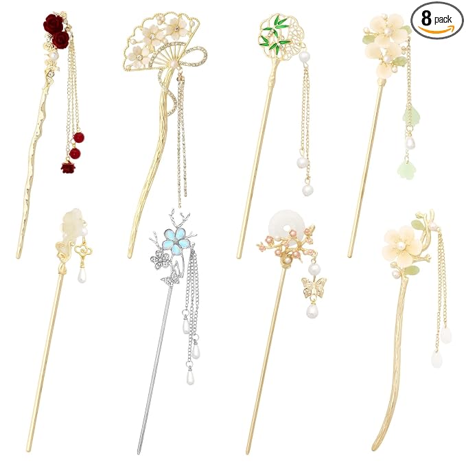 8 Pcs Flowers Metal Hair Sticks with Pendants Chinese Hanfu Asian Hair Chopsticks Hair Bun Updo Holders for Women Accessories Long Hair