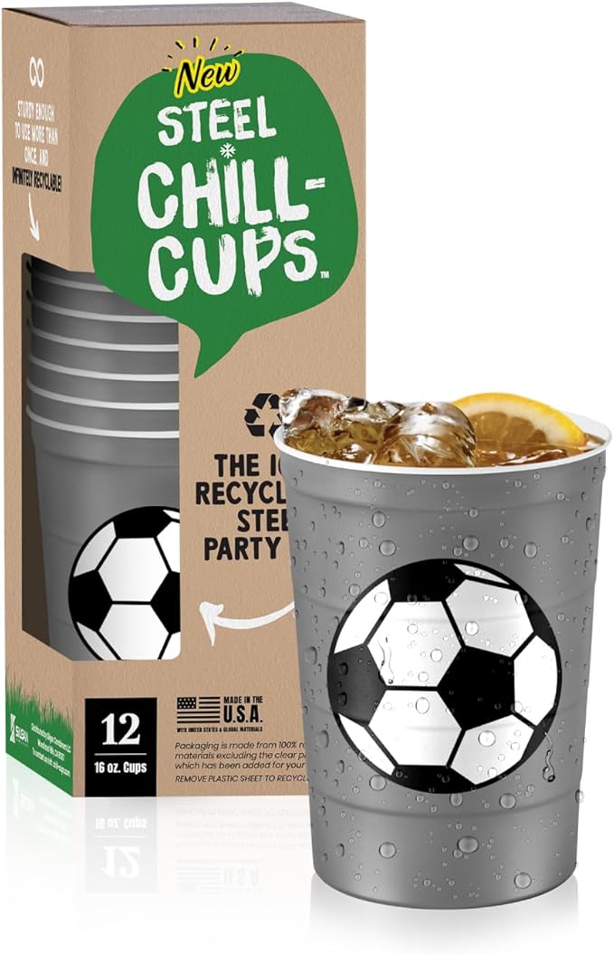 Steel Chill Cups 16 oz. Reusable Party Cups, Soccer, Green, 12 Count | Made in USA from Steel these durable cups chill fast & keep your drink cold for longer, 100% recyclable for sustainablity