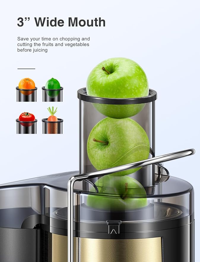 Juicer Machine 800W Centrifugal Juicer with Wide Mouth Feed Chute | For Fruits And Vegetables, Stainless Steel, BPA-Free Parts, Easy To Clean, Gold Finish, Fast Juice Extraction