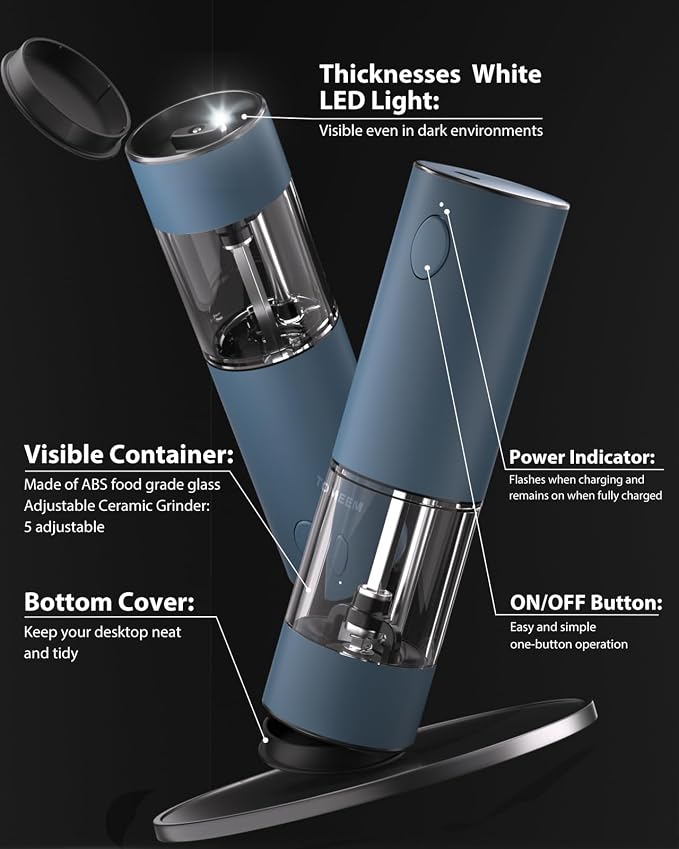 TOMEEM Upgraded Larger Capacity Electric Salt and Pepper Grinder Set Rechargeable with LED lights, Stainless Steel Automatic Pepper and Salt Grinder Refillable with 5 Adjustable Coarseness Blue