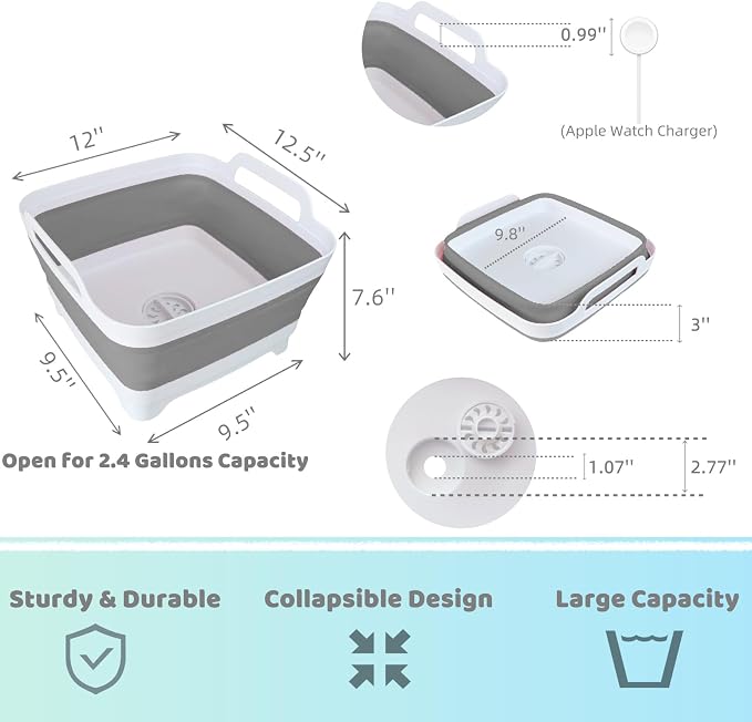 Collapsible Wash Basin with Drain Plug - 2.4 Gallon Foldable Kitchen Sink for Baby Bottles, RV Camping, Space-Saving Dish Tub (Gray) | 2.4 Gal, Collapsible Dish Basin, Drain Plug, Kitchen Sink, Camping, RV, Space-Saving, Narrow Sink, Apartment, Baby Bo...