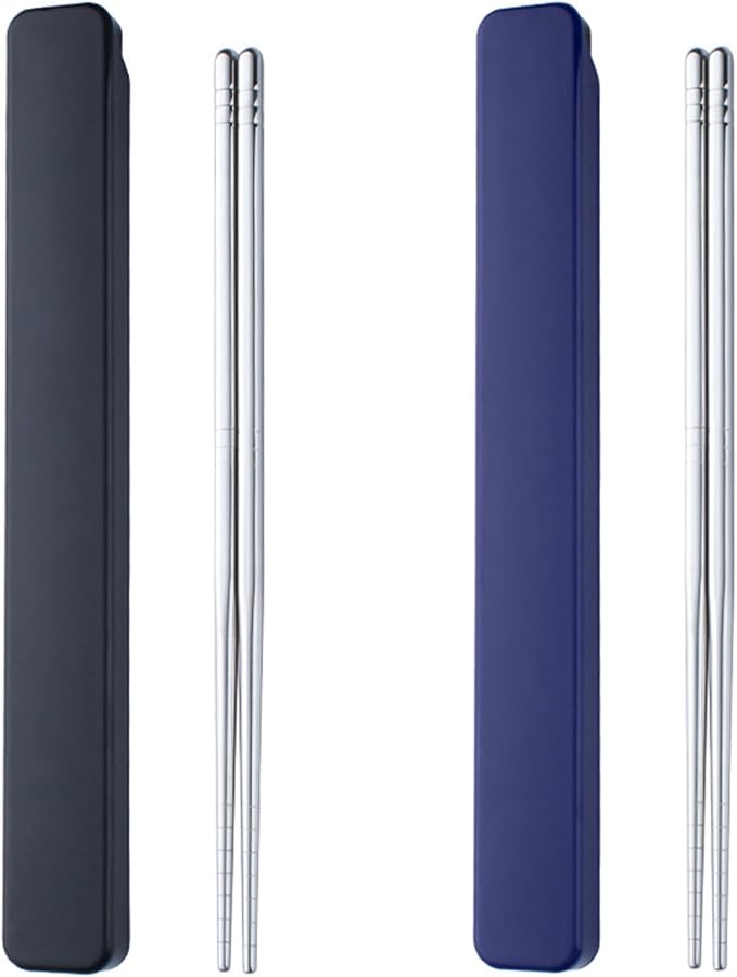 Metal Chopsticks 2 Pair Reusable Stainless Steel With Pull Design Case - Portable Utensil for School, Home, Office, Camp, Travel, Bento Box (Black, Dark Blue)