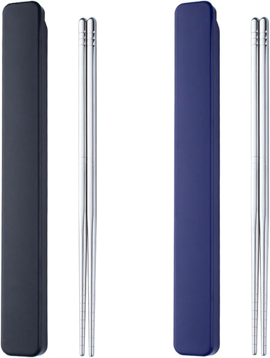 Metal Chopsticks 2 Pair Reusable Stainless Steel With Pull Design Case - Portable Utensil for School, Home, Office, Camp, Travel, Bento Box (Black, Dark Blue)