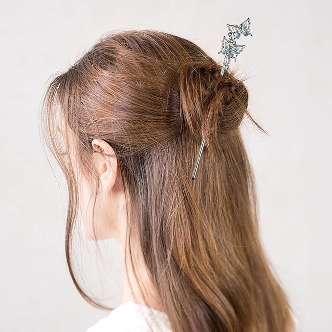 5PCS Butterfly Flower Hair Sticks for Buns Long Hair Chinese Hanfu Asian Vintage Hair Chopsticks Metal Silver Hair Bun Updo Holders Long Hairpins for Women Girls