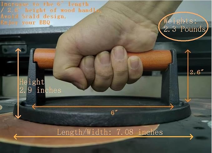 Burger Press 7.08" Round,Heavy-Duty Cast Iron Smash Burger Press Meat Steak With Wood Handle for Blackstone Camp chef Pitboss Weber Griddle Grills(Round) | Heavy Duty Good for Blackstone Camp chef Pitboss Weber Griddle