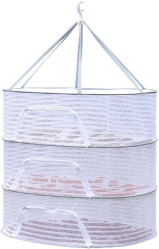 Foldable Drying Net for Vegetables, Fish, and Dehydrated Goods, Multi-tiered Food Drying Net, Versatile Drying Rack, Windproof Design, Zipper Closure for Insect Protection (White, Triple Layer)