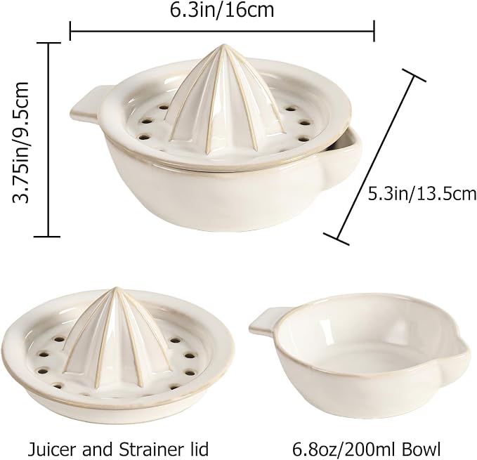 Ceramic Citrus Lemon Orange Juicer Manual Squeezer, Hand Juicer Reamer | Rotation Press with Strainer Lid, Spout, Handle, Dishwasher Safe, Easy to Clean