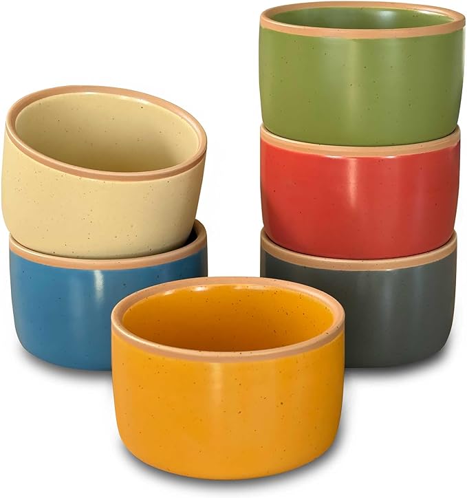 Mora Ceramic Ramekins - 6oz, Set of 6 - Small Oven Safe Baking Dishes/Cups - For Personal Pudding, Creme Brulee, Souffle, Serving Dip, Custard, Ice Cream - Single Mini Bowls - Artisan Colors