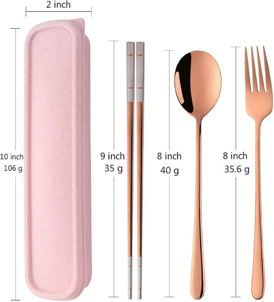 3 Piece Portable Flatware Set, Chopsticks, Fork and Spoon with Travel Case, Rose Gold