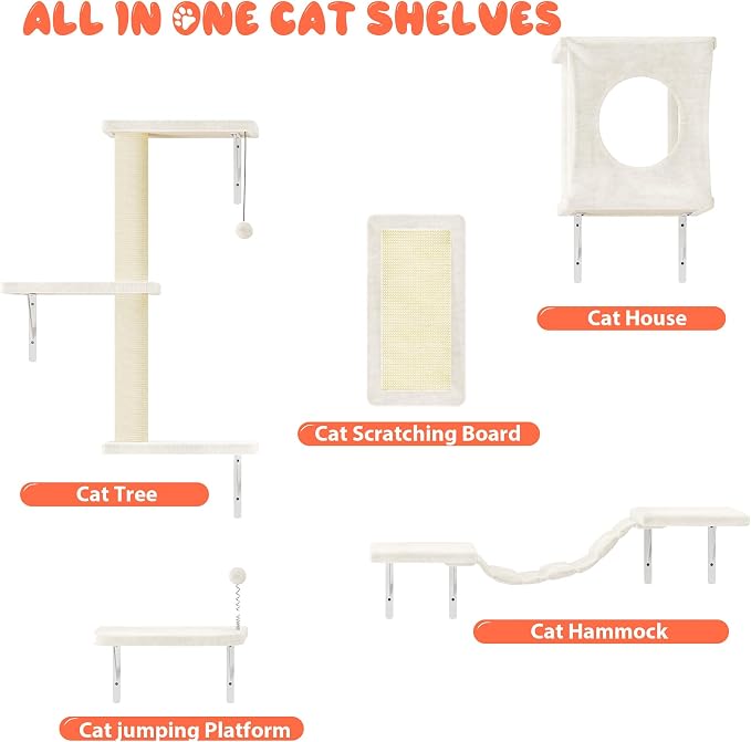 5 Pcs Cat Wall Shelves Set, Wall-Mounted Climber with Cat House, Scratching Post, Bridge, Hammock, Space-Saving Play Furniture, White