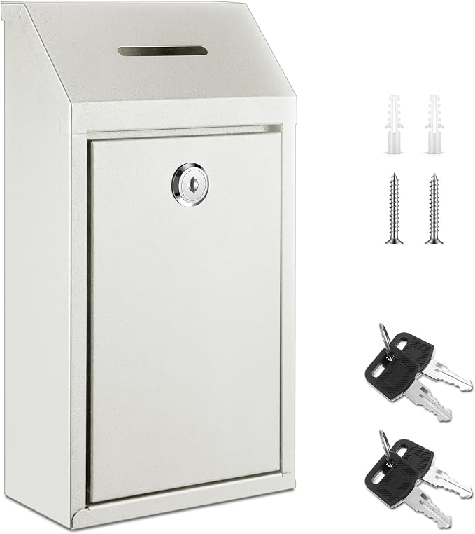 Yaocom Metal Money Box,White,10.24 x 5.71 x 2.95 Inch,No Lid | Wall Mounted Drop Donation Cash Box for Farm Stand Collection Safe Suggestion Box with Lock Container for Home Office Outdoor