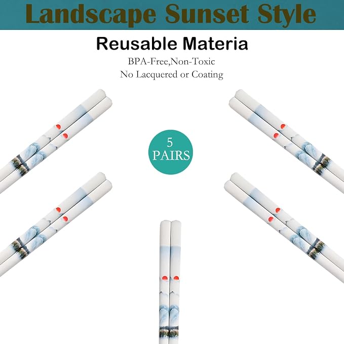 Ceramic Chopsticks Reusable 5 Pairs,Porcelain Chop Sticks,Sunset,9.7'' | Easy to Clean,Dishwasher Safe,Heat Resistant,with a Gift case,Cooking Chopsticks,High-grade Bone China Porcelain