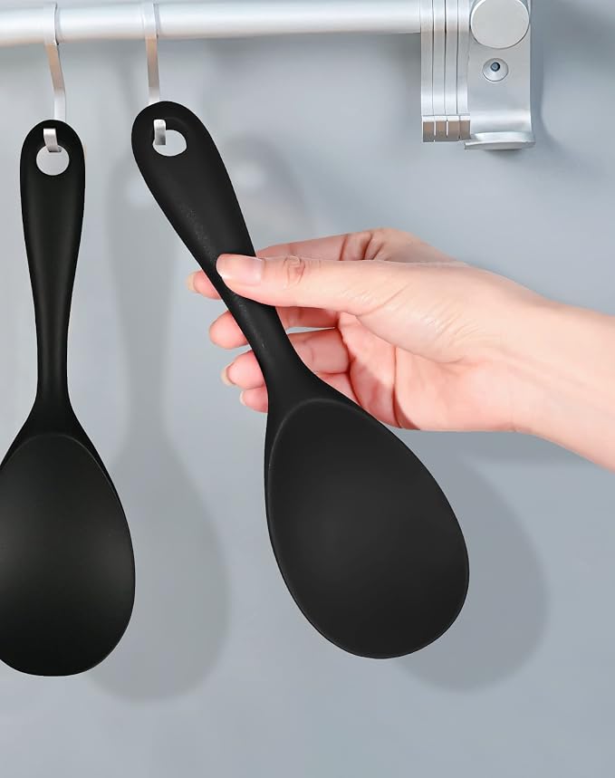 2 Pcs Silicone Rice Paddle,Non Stick Rice Spoon Scooper Spatula,Heat Resistant Rice Cooker Spoon(Black)