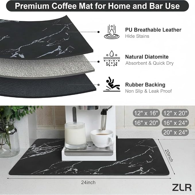 ZLR XXL Coffee Bar Mat for Barista Workstation, 20"x24", Marble Black | Pro Home Cafe Station, Absorbent Dish Drying Mat, Stain-Hiding Top, Fits Multi-Appliance, Cup Display & Knock Box