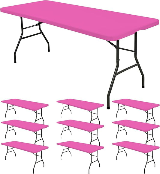 10 Pack Fitted Tablecloth for 8 Foot Rectangle Tables, Hot Pink Elastic Outdoor Picnic Table Cover, Washable Stretch Folding Table Cloths 8 ft for Camping Party Patio Kitchen Banquet, 30" W x 96" L