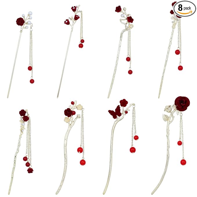 inSowni 8 Pieces Retro Vintage Asian Chinese Traditional Hanfu Gold Metal Rose Flower Butterfly Hair Pins with Bead Pendants Long Hair Sticks Forks Bun Updo Holders Hairpins for Women Girls
