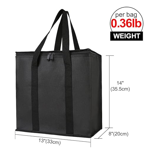 Bodaon 2-Pack Insulated Reusable Grocery Shopping Bags, Medium, Black, | Picnic Cooler Bag with Zippered Top Cold, Insulated Food Delivery Bag for Commercial Rideshare, Collapsible Tote Bags, Picnic