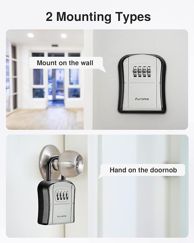 Puroma Key Lock Box Outdoor 4 Digit Code Combination Lockbox House, 2 Gray | For Contractors Guest Realtor Storage Keys, Portable, Home Wall Mount, Resettable, Combination, Weatherproof, High-capacity