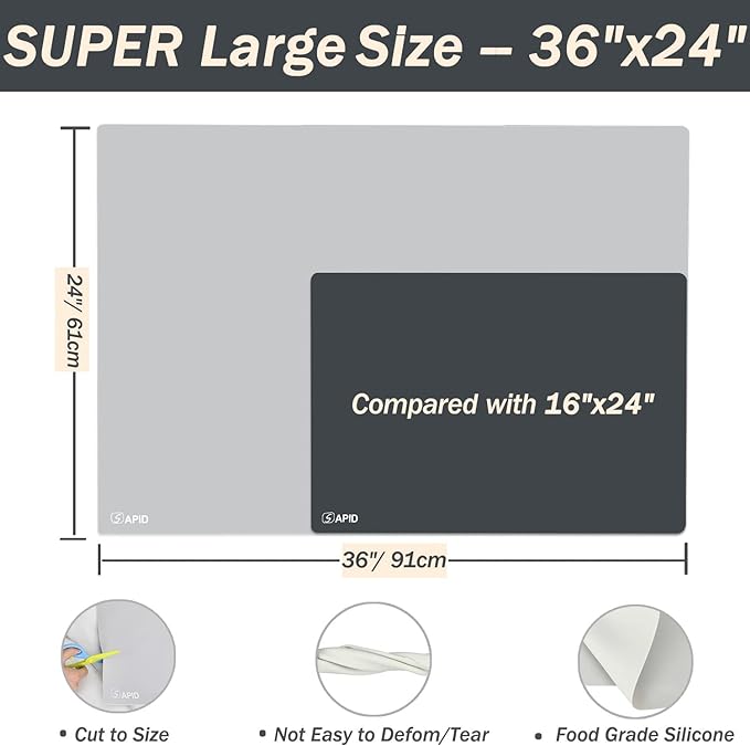 Extra Large Silicone Mat Kitchen Counter Heat Resistant Table Mat 36" x 24" | Place Mats, Countertop Protector , Thick Placemats Washable Silicone Mats for Kitchen Counter Dining Table Mat , Grey , Sapid