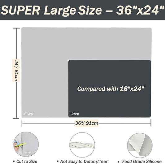Extra Large Silicone Mat Kitchen Counter Heat Resistant Table Mat 36" x 24" | Place Mats, Countertop Protector , Thick Placemats Washable Silicone Mats for Kitchen Counter Dining Table Mat , Grey , Sapid