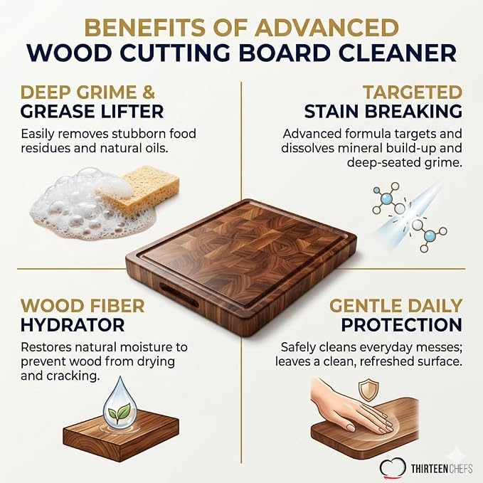 Thirteen Chefs Wood Cutting Board Cleaner - Food Safe Spray for Butcher Blocks and Countertops, Spray Soap for Wooden Surfaces (16oz)