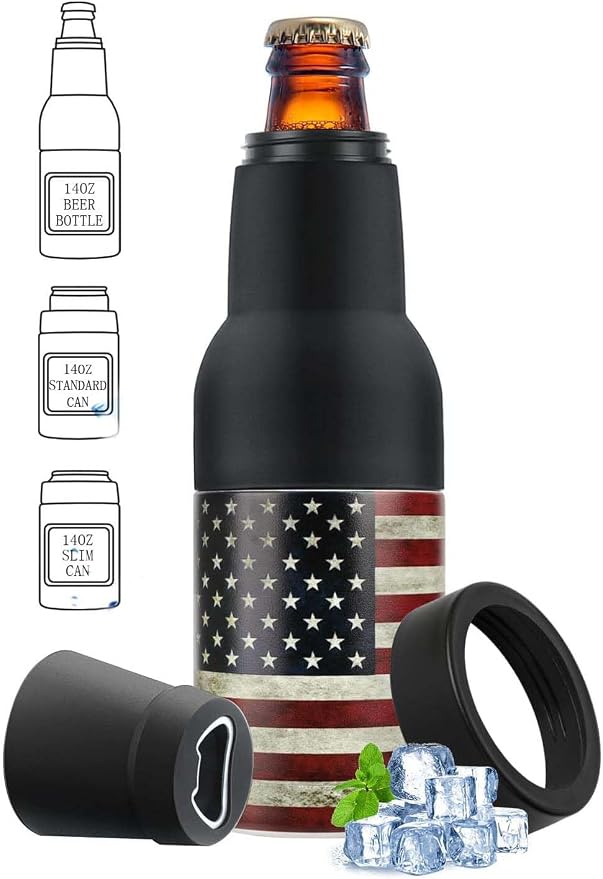 Stepstall 14 oz. Beer Bottle and Can Cooler with Beer Opener,3 in 1 Slim Can Beer Bottle Insulators Holder, Stainless Steel Double Walled Insulated Can Cooler for Beer,Soda, Flag