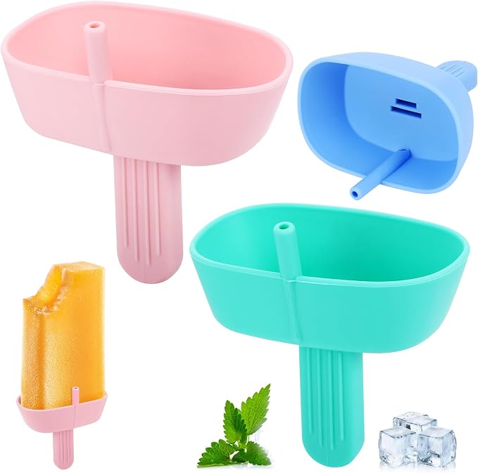 4 Pcs Silicone Drip Free Popsicle Holder for Kids, Reusable Popsicle Drip Catcher with Straw, Thick Ice Lolly Holder, Ice Cream Holder, Ice Lolly Drip Catcher for Home Picnic Party