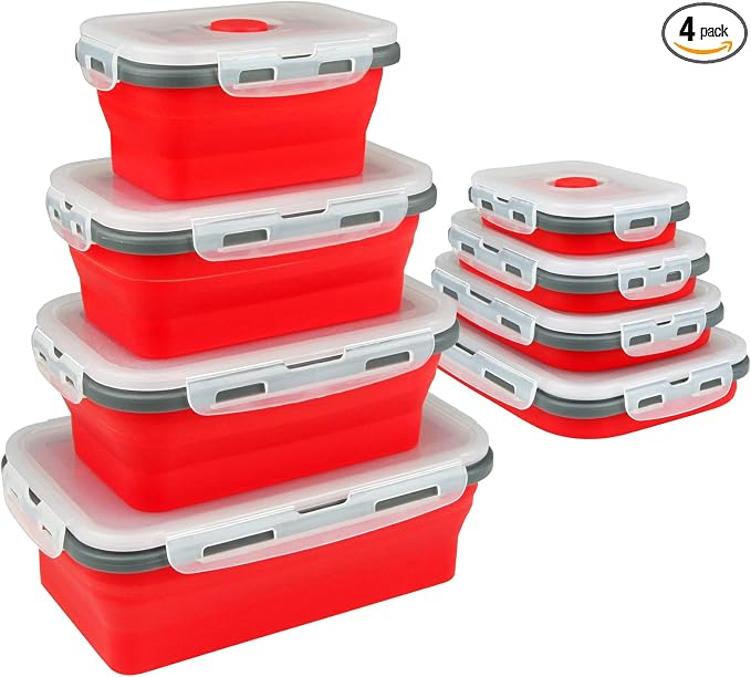 Guyuyii 4 Pack Collapsible Food Storage Containers with Lids | 4 Size (12/17/27/40 oz) for RV, Camping, Meal Prep, Small Kitchens | Compatible with Microwave/Oven/Freezer/Dishwasher, Red