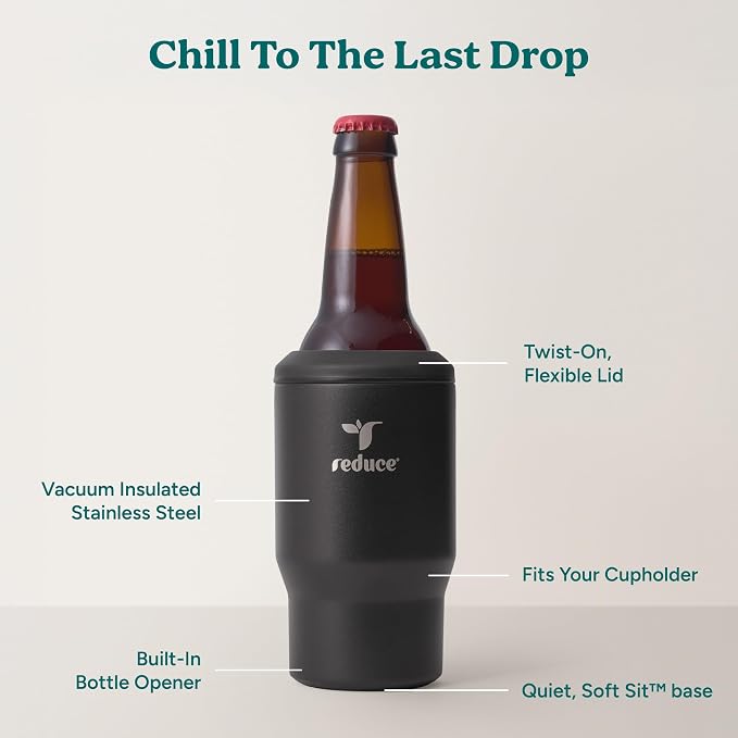 Reduce 4-in-1 Drink Cooler - Versatile Can & Bottle Holder with Vacuum Insulation - Keeps Drinks Cold Up to 4 Hours - Includes Bottle Opener - Fits Cupholders & Dishwasher Safe - 14oz - Black