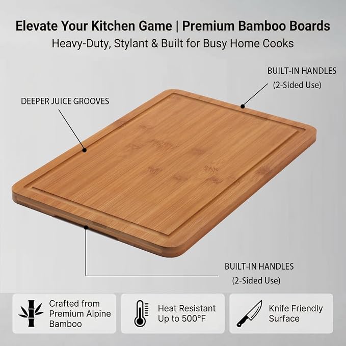 2-Piece Deep Carbonized Bamboo Cutting Board Set with Vertical Drying Stand | Wooden Chopping Boards for Kitchen | Extra Deep Juice Grooves & Easy-Carry Side Handles | Gift-Ready