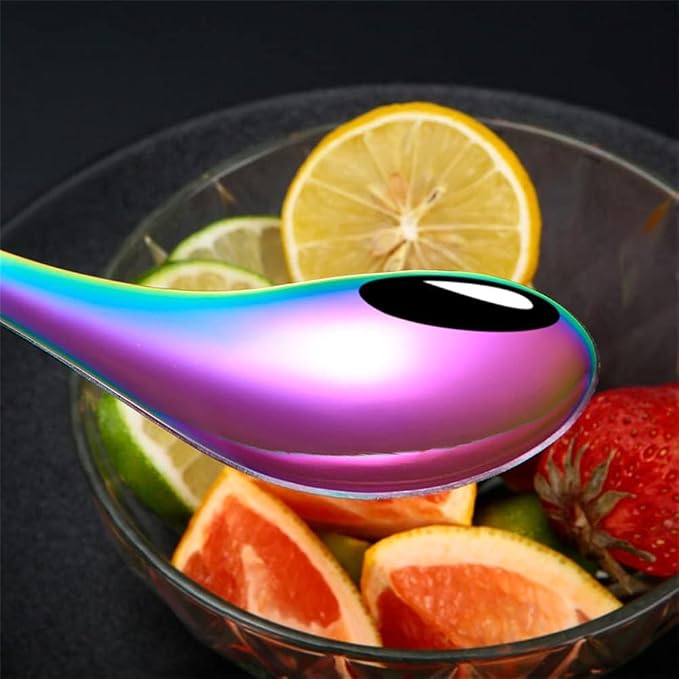 Chinese Metal Soup Spoons and Chopsticks Set for 4 People, Reusable Stainless Steel Ramen Short Handle Spoon Set Asian, Christmas Gift Dishwasher Safe (Rainbow)