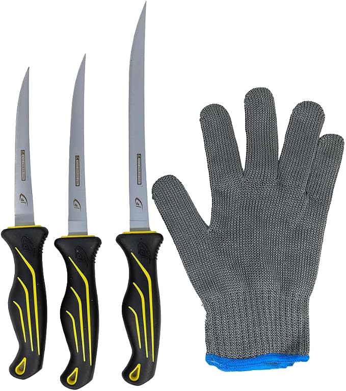 danco 5-Piece Fillet Knife Kit w Roll Bag, Cut-Resistant Glove, 6-9 Inch | 5-Piece Fillet Knife Kit, 6, 7 and 9-Inch Stainless Steel Knives, Cut-Resistant Glove, Protective Roll Bag, Non-Slip Grip