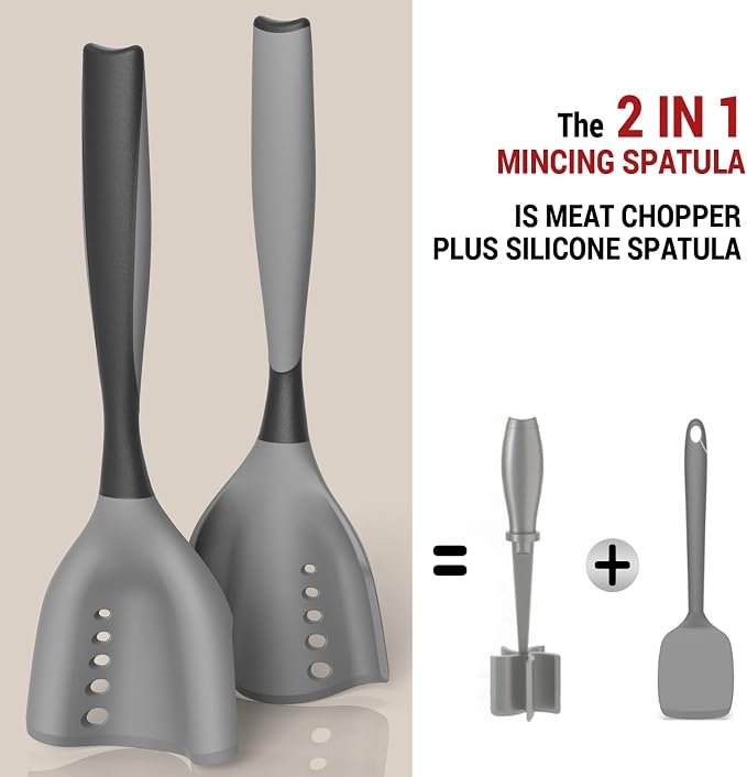 2Pack Meat Chopper Mincing Spatula, Silicone Grinder for Ground Beef | Heat Resistant, Smasher for Potato Mix Tool, Non-Scratch for Non-Stick Pans, Meat & Poultry Tenderizers, Black