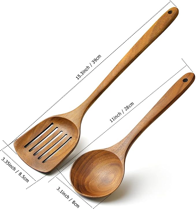 Wooden Spatulas Set of 2, Acacia Wood Rice Paddle with Slotted Design for Nonstick Cookware