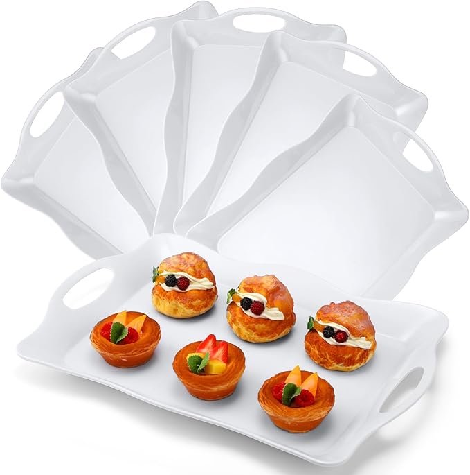 6 Pcs Large Melamine Serving Tray with Handles 17 x 12 Inch Rectangular Wave Melamine Serving Platters for Food, Eating, Turkey, Snack, Fruit, Desserts, Party, Dishwasher Safe