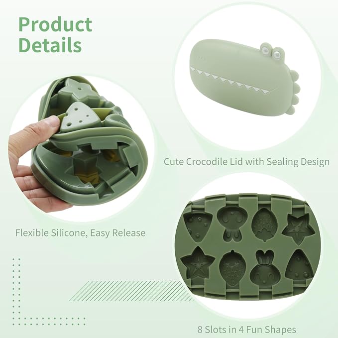 8-Cavity Popsicle Molds, Food-Safe Silicone Ice Cream Molds with Crocodile Lid, Fun Shaped Homemade Mini Ice Popsicle Maker with 8 Reusable Sticks, 7.5 x 4.7 in