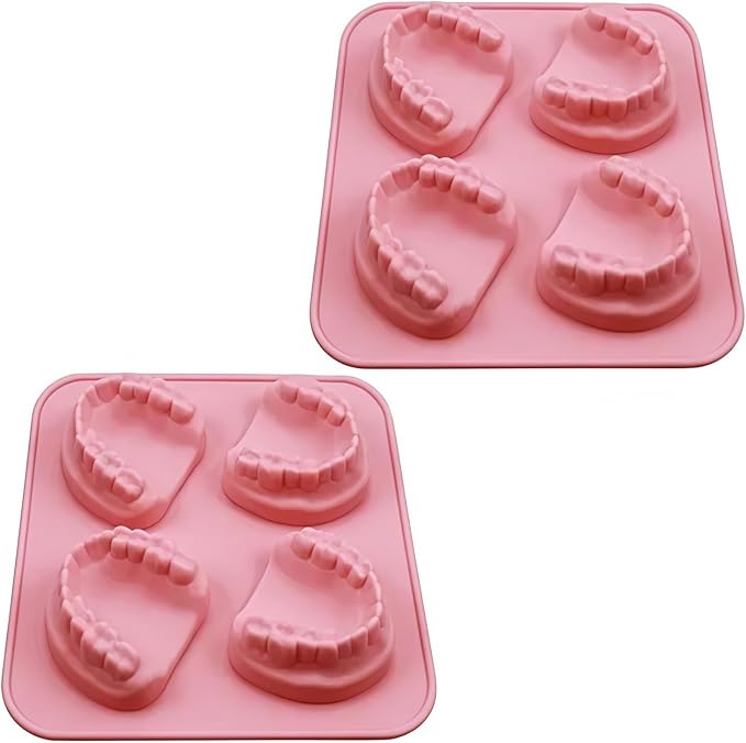 2Pcs Pink 4 Hole Denture Teeth Shaped Ice Cube Mold Silicone Ice Tray DIY Ice Cream Funny Gag Gift For Dentist Seniors Ice Tray Molds, Ice Cube Molds and Trays