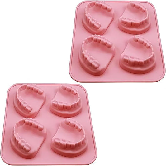 2Pcs Pink 4 Hole Denture Teeth Shaped Ice Cube Mold Silicone Ice Tray DIY Ice Cream Funny Gag Gift For Dentist Seniors Ice Tray Molds, Ice Cube Molds and Trays