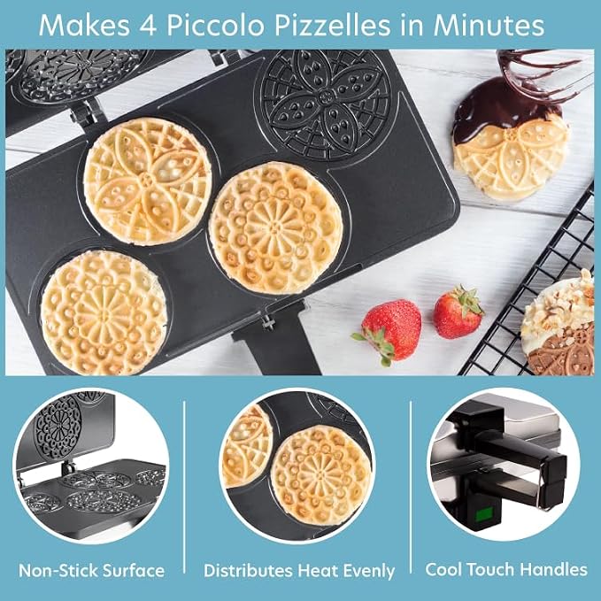 Piccolo Pizzelle Baker, Non-Stick Electric Press Makes 4 Mini Cookies | Even Heating Plates, Fun Baking Machine with Recipe Guide, Brunch Party Supplies, Italian Waffle Dessert Treat, Gift for Her