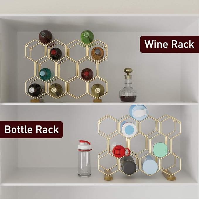 Buruis Countertop Wine Rack with Acacia Base, 14-Bottle Modern Freestanding Metal Holder for Red and White Wine, Tabletop, Kitchen, Bar, and Cabinet Storage (Gold)