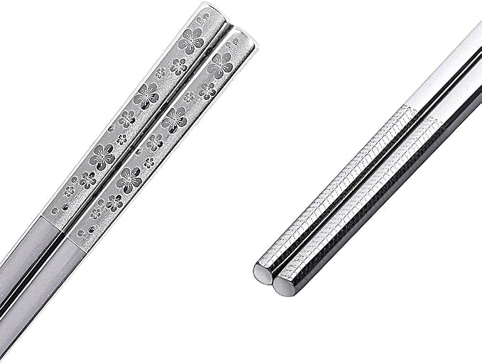 Metal Chopsticks Reusable Titanium Plated Stainless Steel Japanese Korean for Food & Cooking 9.5Inch Non-Slip for Beginners Square Laser 5 Pairs Gift Set