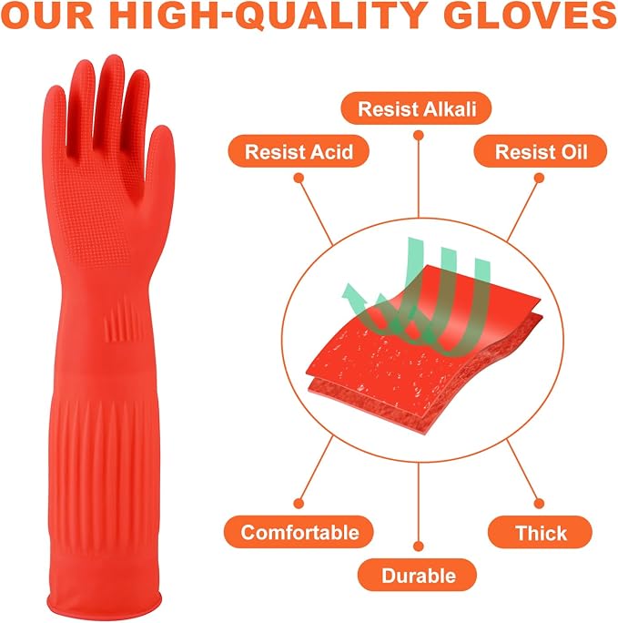 North Tower Kitchen Washing Room Gloves Fleece Lined, Reusable, Waterproof with Extra-Long Cuff & Anti-Slip Design for Household & Kitchen Use,15",2 Pairs Small