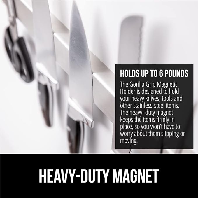 GORILLA GRIP Stainless Steel Magnetic Knife Holder for Wall, Multi-Purpose Magnet Bar for Knives, Tools, Art Supplies, Heavy Duty Strip Holds Up to 6 lbs, Kitchen Organizer, 12 Inch, Drilling Required