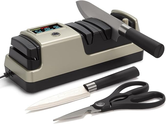 Light Blonde 5 in 1 Electric Knife Sharpener with LCD Screen for Kitchen Knives, 3 Rotational Speed Electric kitchen Knife Sharpener for Straight,Serrated, Ceramic Knives,Scissors & Axes