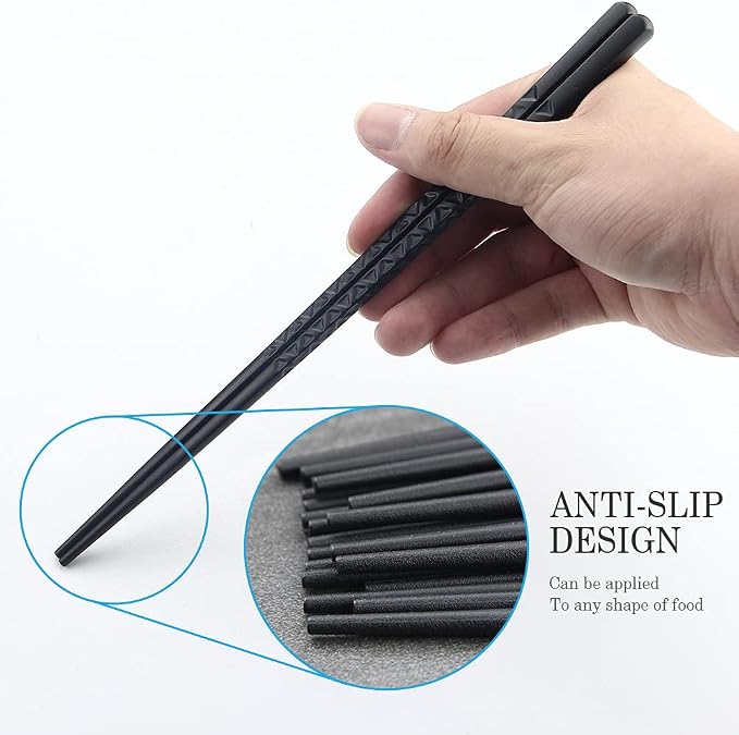 Chopsticks, YFWOOD 5 Pairs Fiberglass Chopsticks - Reusable Japanese Chinese Chop Sticks Dishwasher Safe, Non-Slip,9.6 Inch- Black