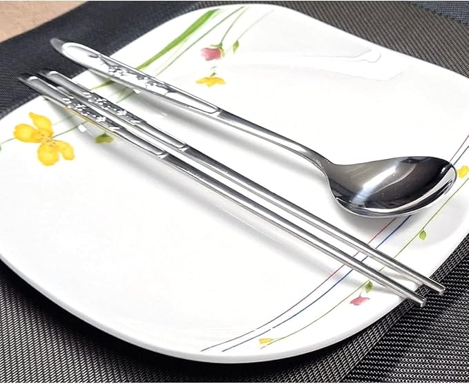 GARASANI Korean Traditional Cutlery Stainless Steel Spoons and Chopsticks Set (Silver Plum blossom)