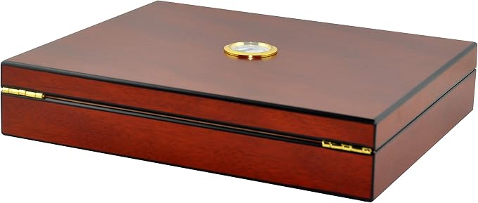 Humidor Cigar Box Holds 20 Cigars, Seal Lid Closure, Spanish Cedar Wood Travel Storage Cigar Case with Removable Divider, Humidifier and Golden Hygrometer, Gift for Man, Sapele Cherry Finish