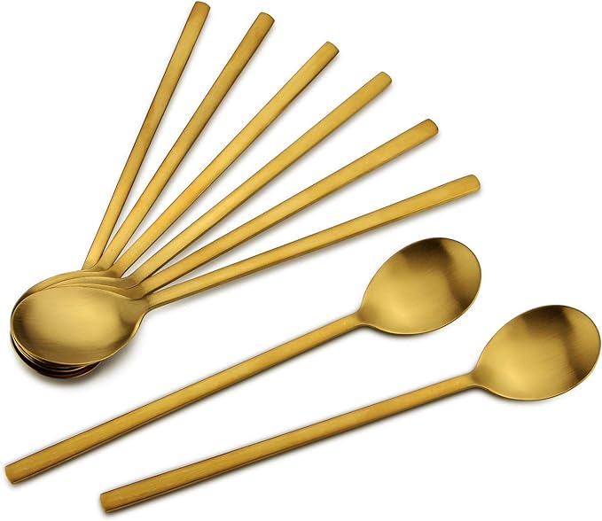 Korean Spoons - 8 Piece Stainless Steel Set, 8.5 Inch, Gold with Long Handles, Asian Cooking Spoons for Home, Kitchen or Restaurant