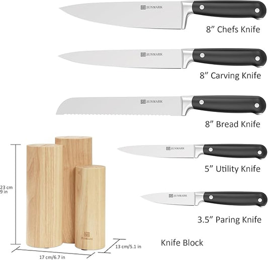 Kitchen Knife Set, Skylark Series 6-Piece High Carbon X50CrMoV15 Steel Professional Chef Knife Set with Solid Wood Block, Unique Design Knife Block Set, Dishwasher Safe, Elegant Black