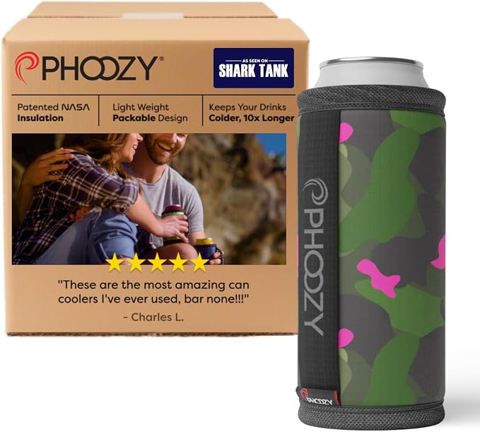 PHOOZY Insulated Can Cooler for Slim 12 oz Cans - Patented Drink Sleeve with NASA-Inspired Technology - Keeps Beer, Soda & Sparkling Water Cold Longer - Lightweight Outdoor Can Holder - Pink Camo